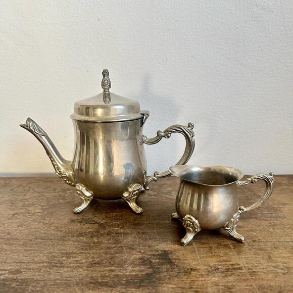 Vintage Silver Plated Footed Teapot and Matching Creamer Set | English Style Tea - Picture 1 of 8